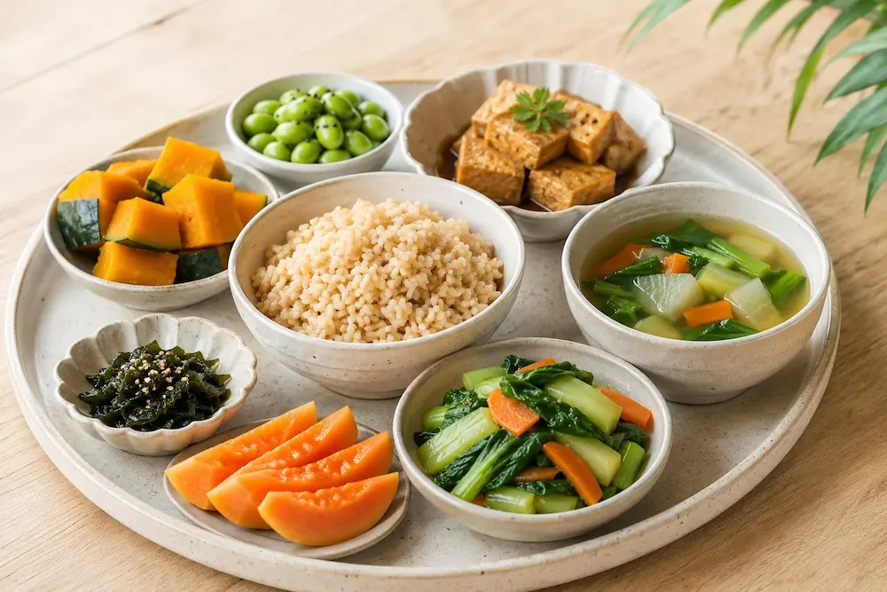 healthy-vegetarian-asian-meal Wholesome vegetarian lunch served at Ánanda Karnika